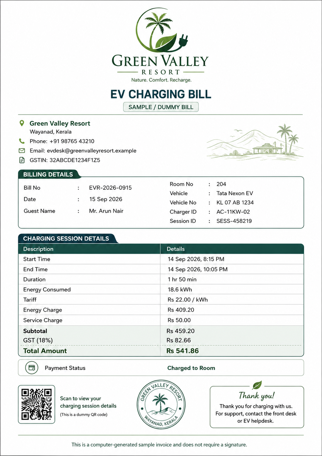 Sample EV charging bill charged to resort room folio